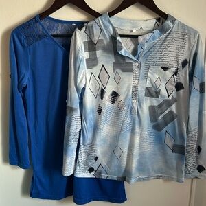 Set of 2 Lightweight Long Sleeve Roll Cuff Graphic, Solid with Lace Henley Tops